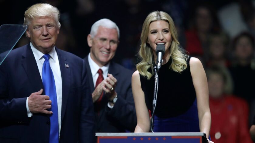 Ivanka Trump speaks beside her father, Donald Trump, left, and Indiana Gov. Mike Pence during a campaign rally in Manchester, N.H., on Nov. 7.