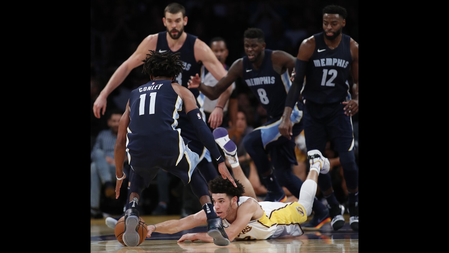 Lakers guard Lonzo Ball loses control of the ball against the Grizzlies in the fourth quarter of a game on Nov. 5.