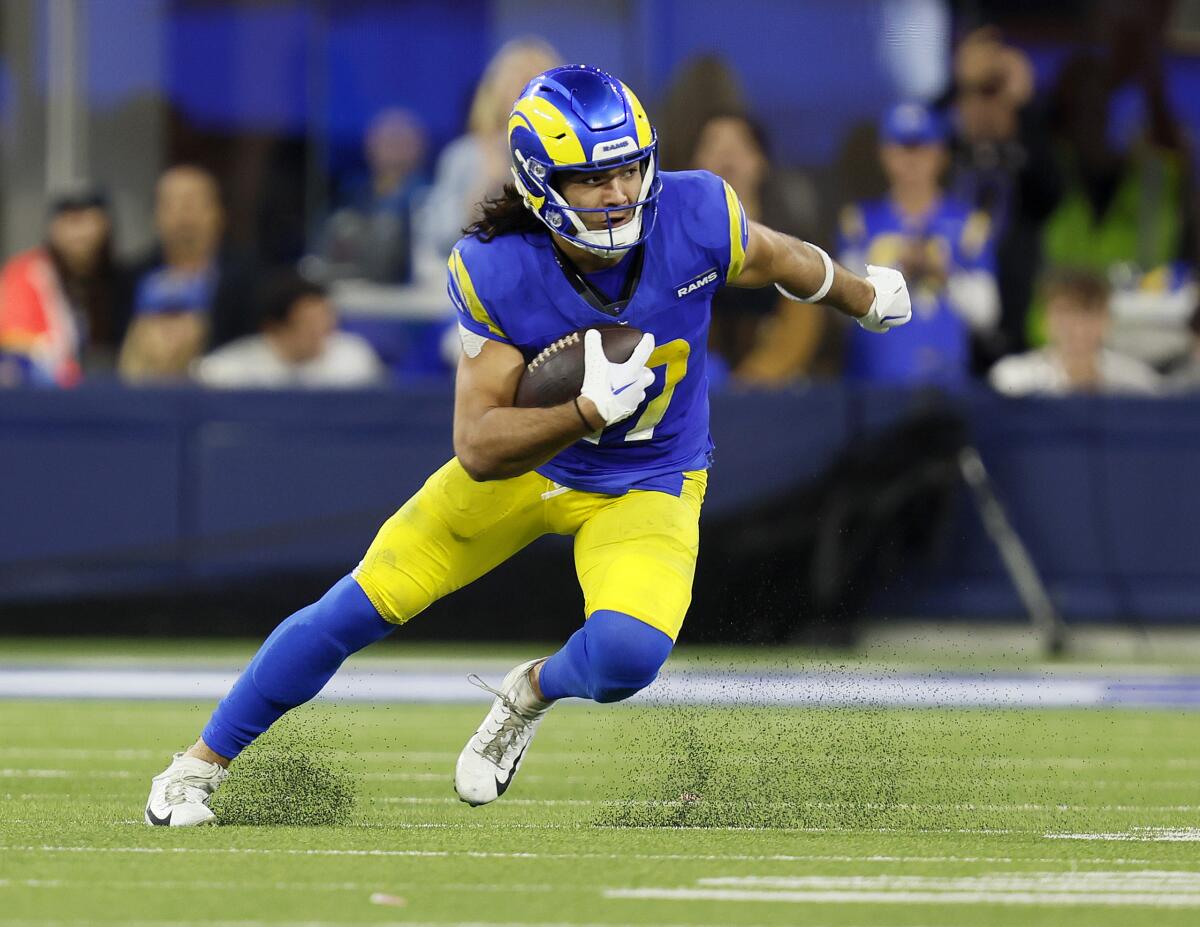Inglewood, CA - December 21: Rams wide receiver Puka Nacua, #17, rushes for yardage.