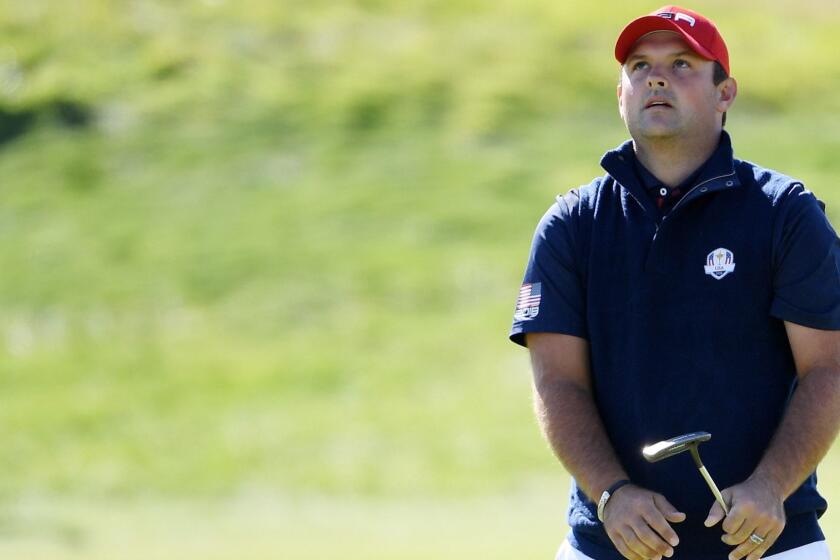 PARIS, FRANCE - SEPTEMBER 30: Patrick Reed of the United States reacts to a putt on the second during singles matches of the 2018 Ryder Cup at Le Golf National on September 30, 2018 in Paris, France. (Photo by Ross Kinnaird/Getty Images) ** OUTS - ELSENT, FPG, CM - OUTS * NM, PH, VA if sourced by CT, LA or MoD **