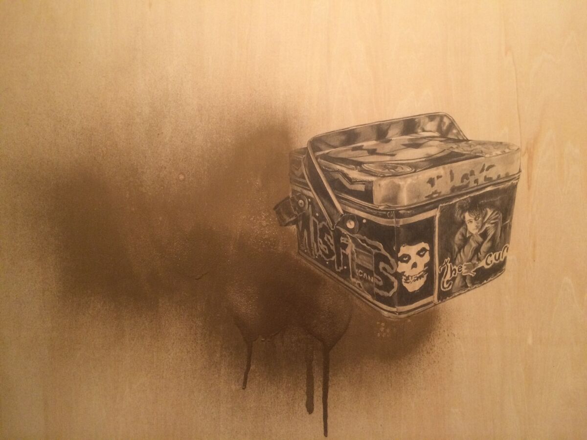 A detail from "Sunshine's Lunchbox," 2017, a painting by Shizu Saldamando from a show at the Japanese American National Museum in 2017.