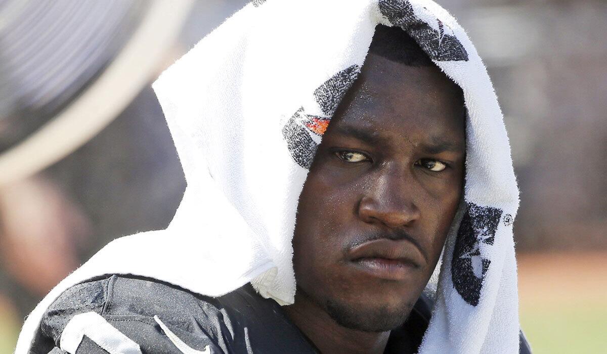 Raiders' Aldon Smith cools off during a game against Baltimore September 2015.