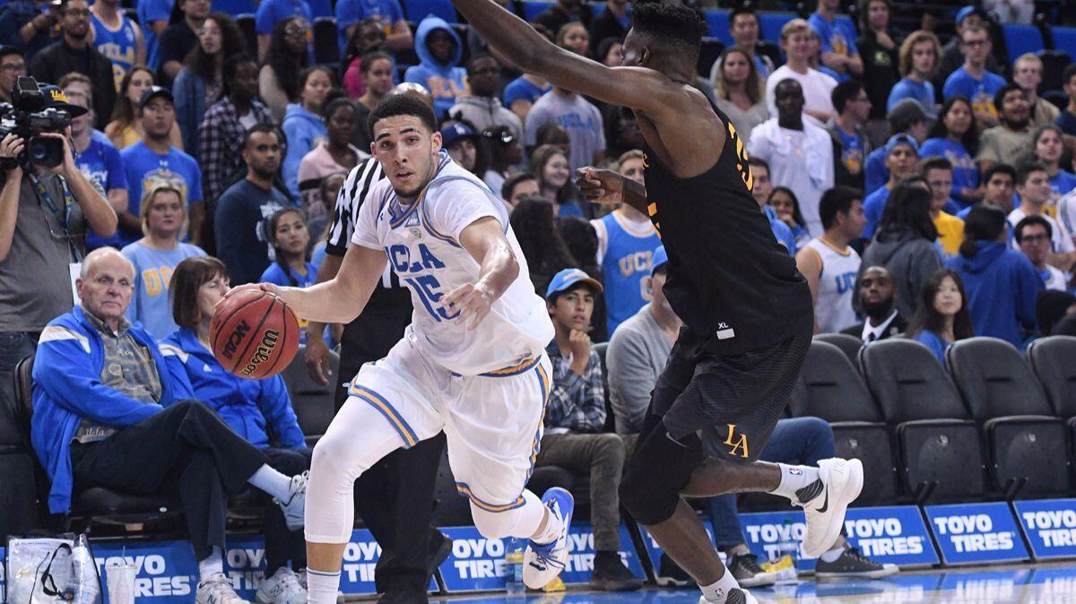 LiAngelo Ball drives to the basket during an exhibition game between UCLA and Cal State Los Angeles on Nov. 1 at Pauley Pavilion.