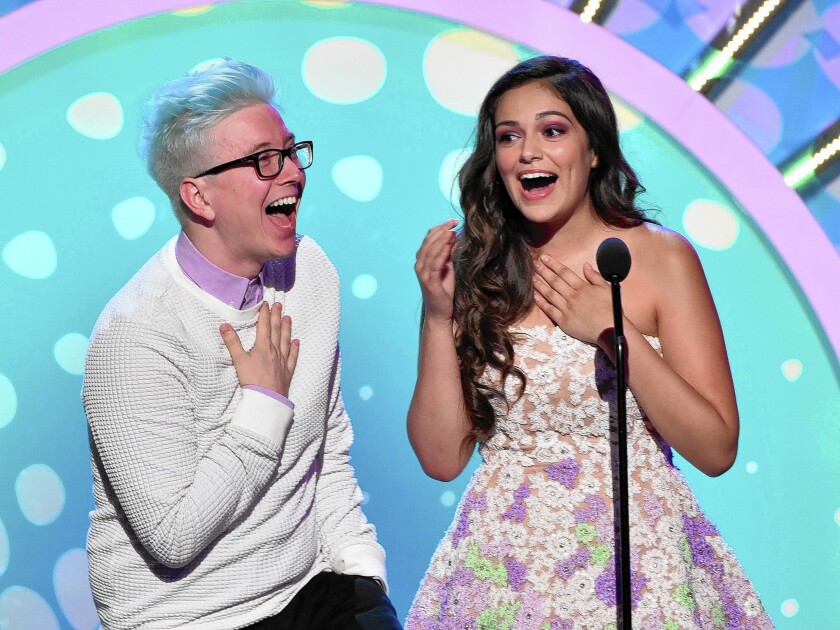 Internet personalities Tyler Oakley, left, and Bethany Mota at the Teen Choice Awards.