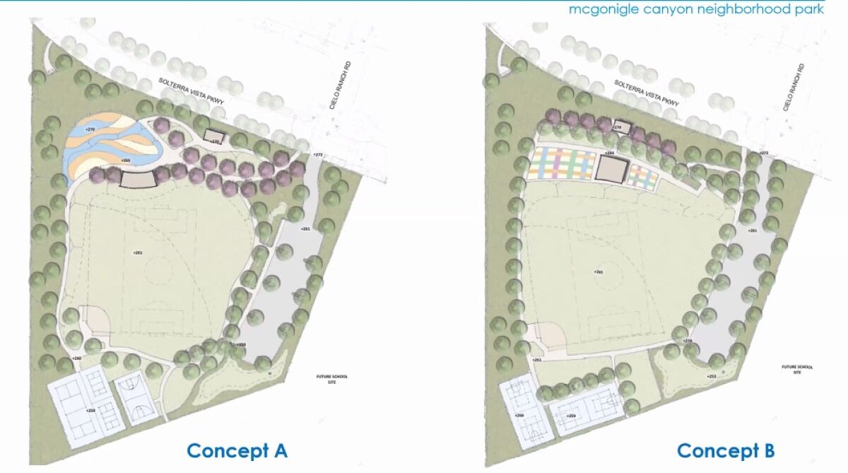 The two proposed layouts for McGonigle Canyon Neighborhood Park in Pacific Highlands Ranch.