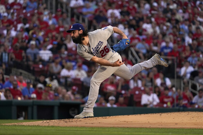 Dodgers pitcher Tony Gonsolin throws during the first half against St. Louis.  Louis Cardinals.