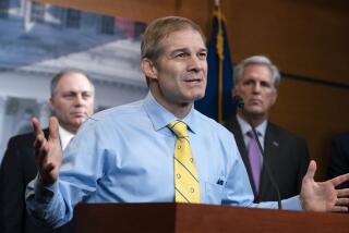 FILE - Rep. Jim Jordan, R-Ohio, center, is flanked by Rep. Steve Scalise, R-La., left, and House Republican Leader Kevin McCarthy, D-Calif., as they criticize Democrats for launching a formal impeachment inquiry against President Donald Trump, at the Capitol in Washington, Wednesday, Sept. 25, 2019. Jordan, now chairman of the House Judiciary Committee and a staunch ally of former President Donald Trump, is emerging as a contender to replace House Speaker Kevin McCarthy who was voted out of the job by a contingent of hard-right conservatives this week. (AP Photo/J. Scott Applewhite, File)