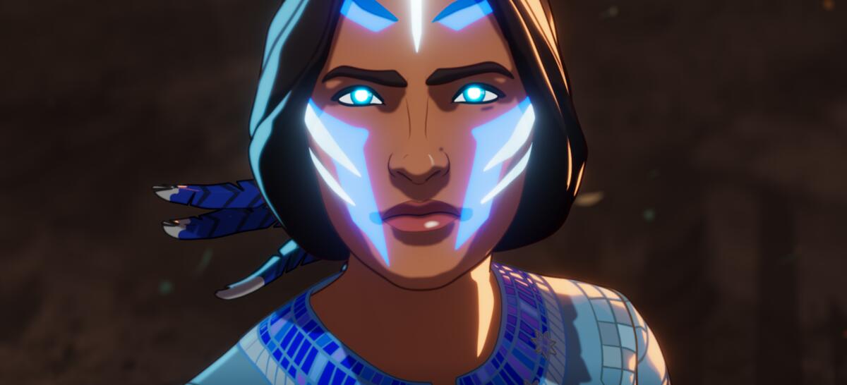 An animated Indigenous person with glowing blue eyes.
