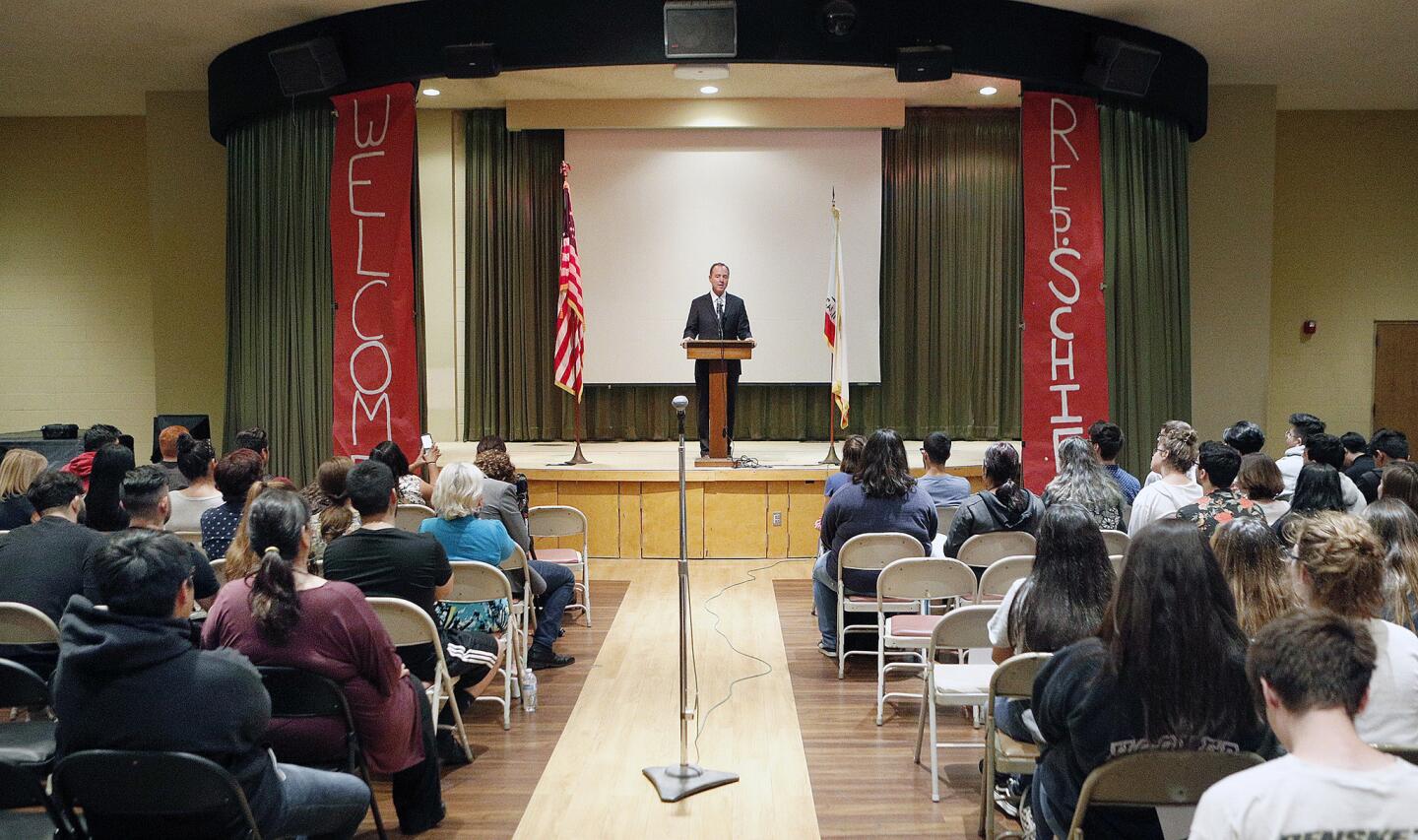 U.S. Congressman Adam Schiff introduces himself before taking questions posed by students from Daily High School at First United Methodist Church of Glendale on Wednesday, August 29, 2018. A group of students, with prepared questions, asked the Congressman about homelessness, problems in the Congress, and what he likes about his job, to name just a few.