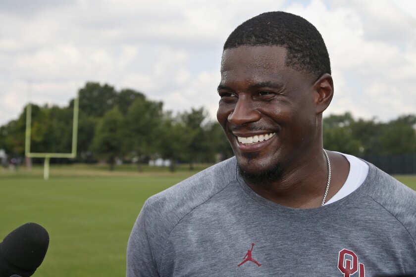 Oklahoma cornerbacks coach Roy Manning speaks with the media in August 2019.