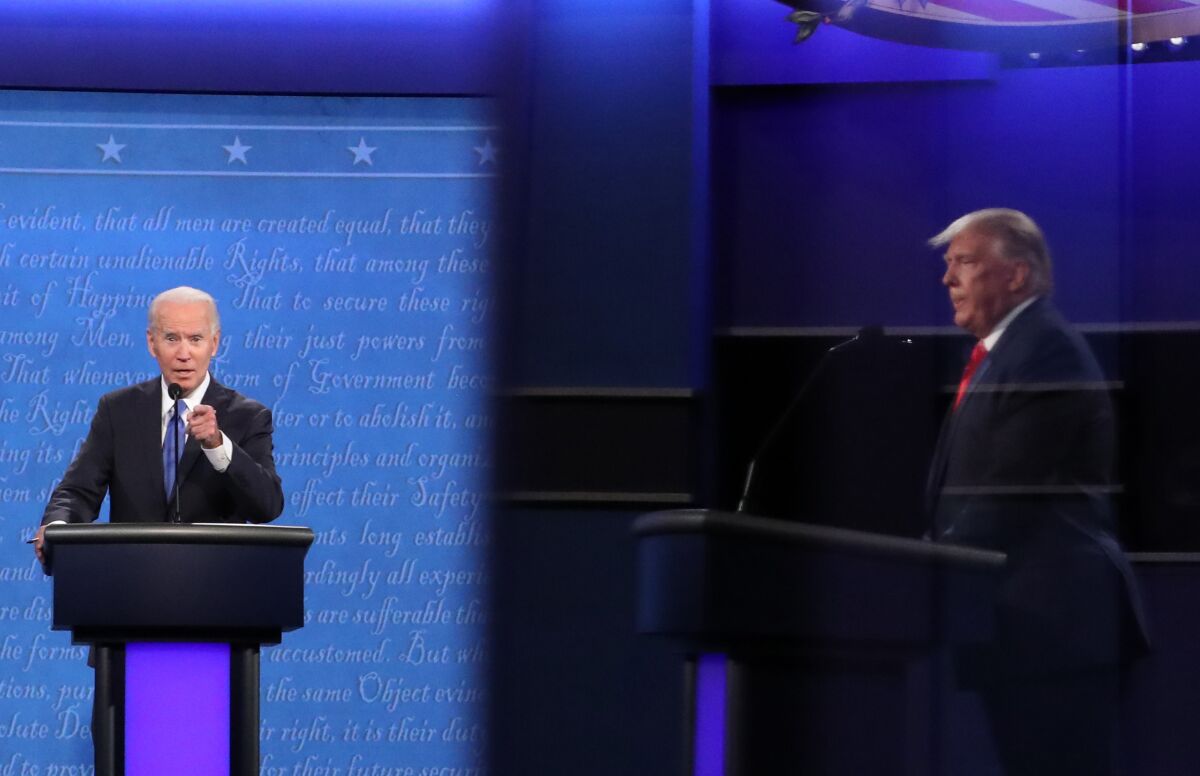 Former Vice President Joe Biden on stage with President Trump in the final presidential debate at Belmont University.