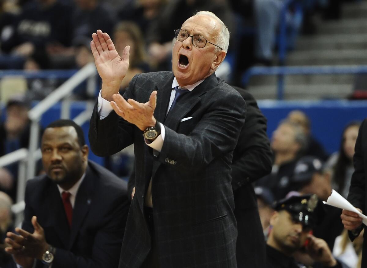 Larry Brown coaches SMU against Connecticut, on March 1.