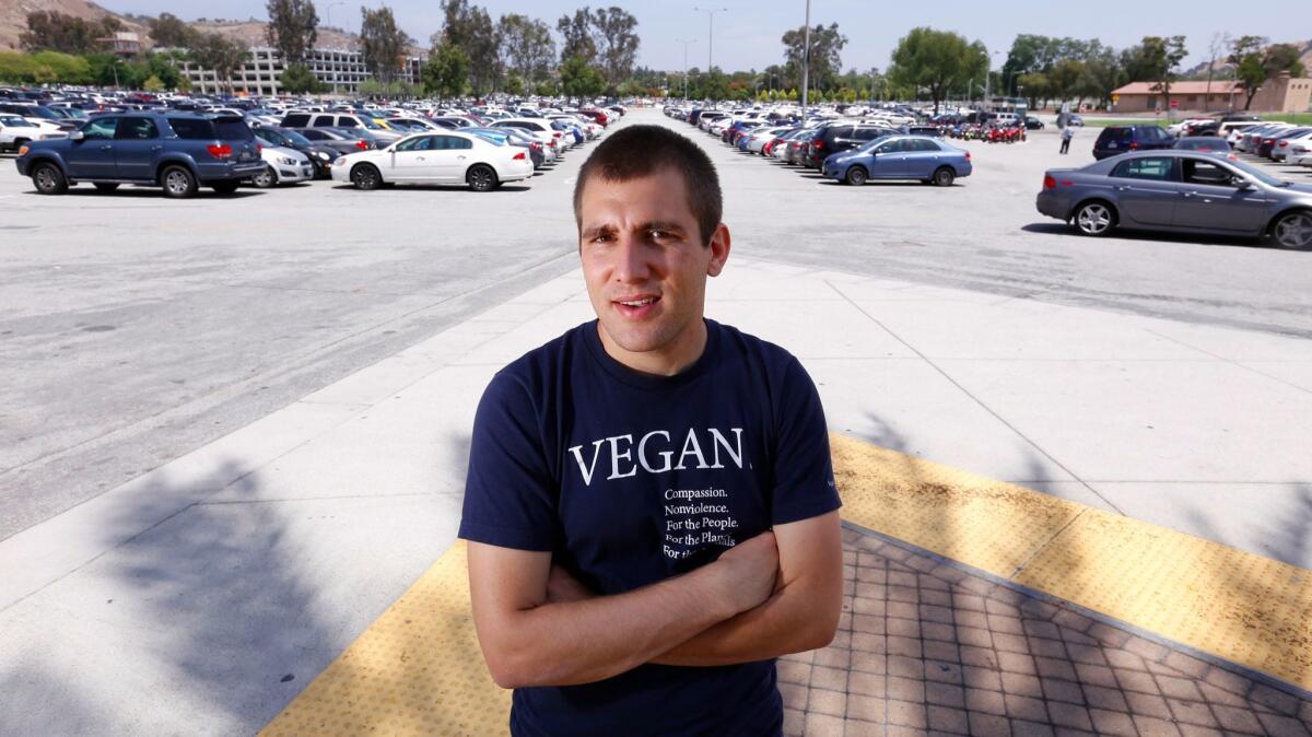 Nicolas Tomas, pictured in 2015, was prevented from leafleting about the vegan lifestyle on much of the Cal Poly Pomona campus.