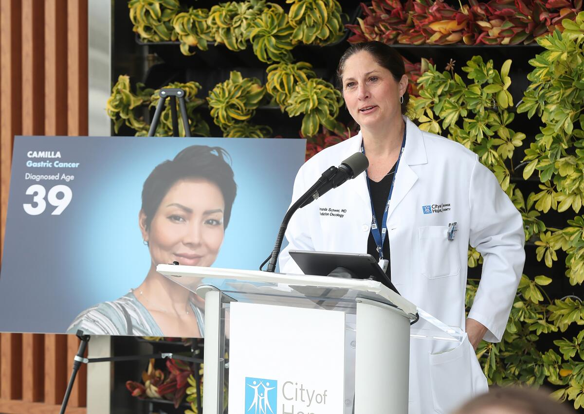Radiation oncologist and breast cancer specialist Amanda Schwer, M.D. speaks during a news conference in Irvine on Tuesday.