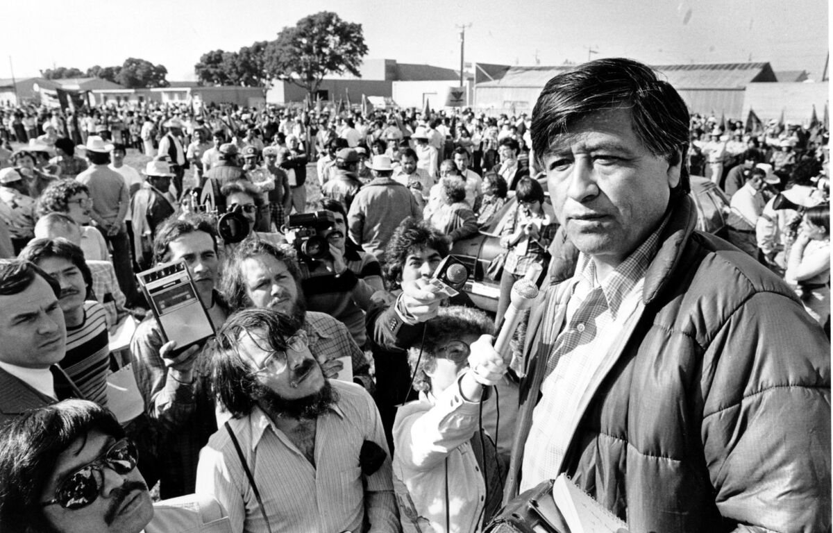 United Farm Workers President Cesar Chavez talks to striking Salinas Valley farmworkers on March 7, 1979.