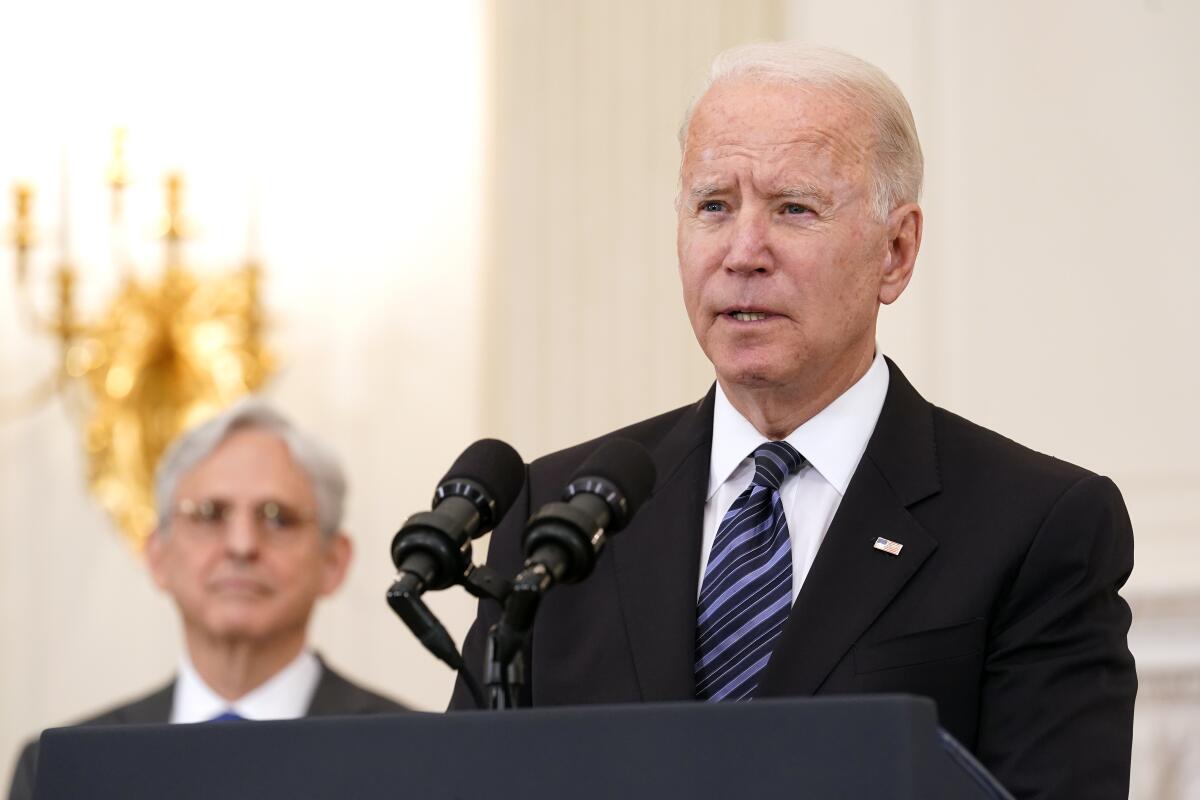 President Joe Biden speaks during an event to discuss gun crime prevention strategy.