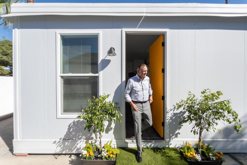 VAN NUYS, CA - OCTOBER 19: Rick Caruso, candidate for LA mayor says, at the beginning, an assortment of tiny homes, sleeping pods and larger Boxabls (like this one) would be a start to getting the homeless off the streets. He feels that the larger Boxabls would offer more dignity for the residents. Photographed on Wednesday, Oct. 19, 2022 in Van Nuys, CA. (Myung J. Chun / Los Angeles Times)