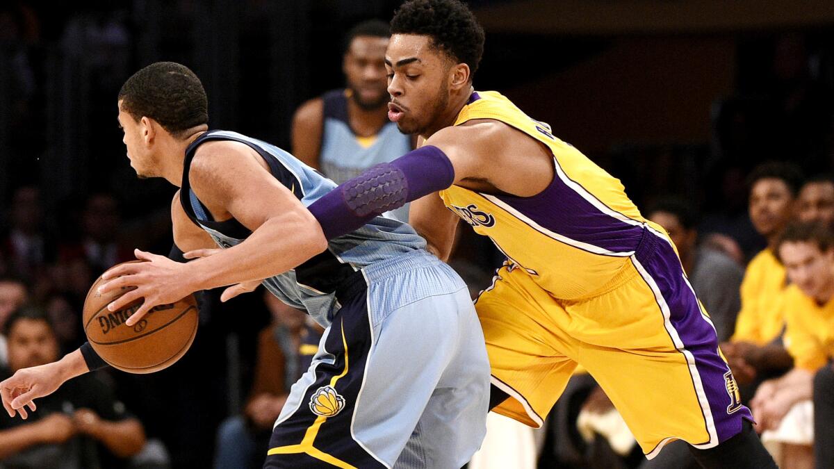 Lakers guard D'Angelo Russell attempts to steal the ball from Grizzlies guard Ray McCallum during a game March 22.