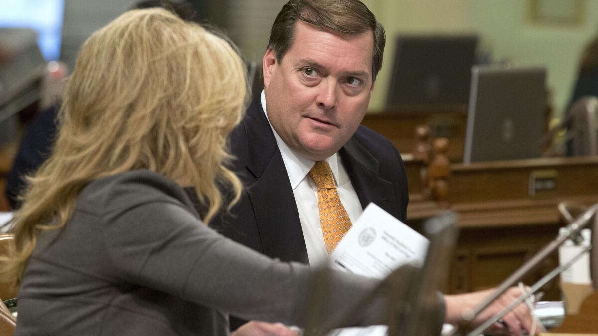 Assemblyman William Brough (R-Dana Point) talks with Assembly Republican Leader Marie Waldron (R-Escondido) in 2016.