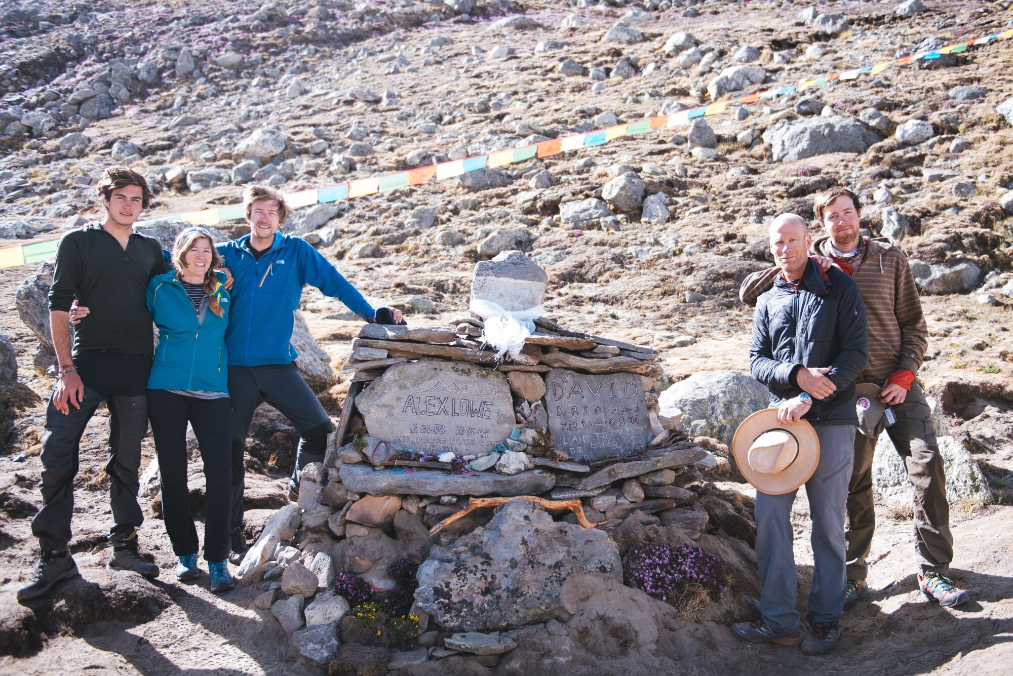 The Lowe-Anker family at the base camp of Shishapangma memorial site for Alex Lowe and David Bridges.