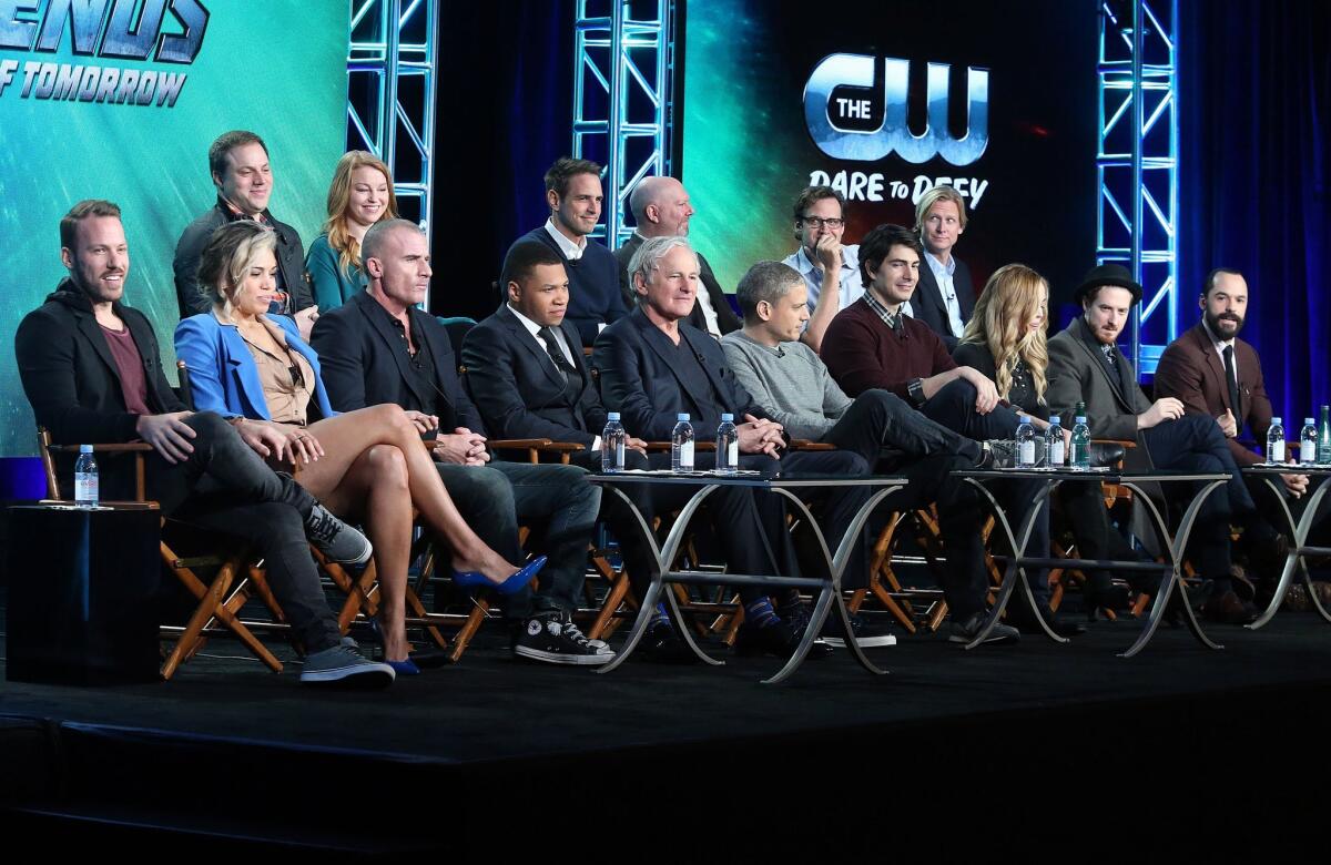 The cast and crew of the television show "DC's Legends of Tomorrow" speak during the 2016 Television Critics Assn. press tour in Pasadena.