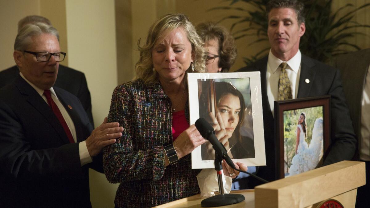 Debbie Ziegler, mother of Brittany Maynard, speaks to the media after the passage of legislation, which would allow terminally ill patients to legally end their lives, at the state Capitol in Sacramento on Sept. 11, 2015.