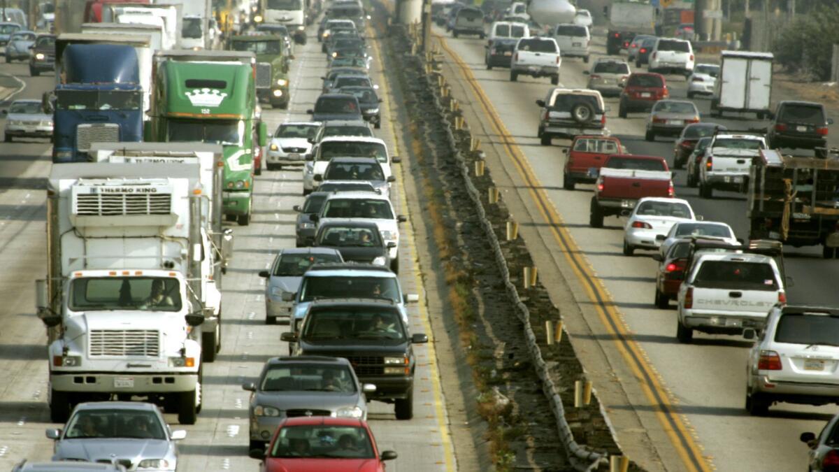 The 5 Freeway, seen from the Shoemaker Avenue overpass looking south, will be closed overnight in both directions from Artesia Boulevard to Carmenita Road.