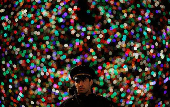 A guard stands in front of the enormous lit Norway spruce in Rockefeller Center.
