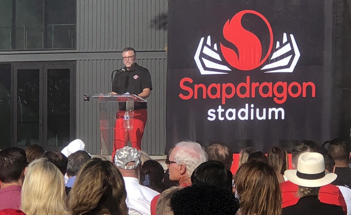 San Diego State AD John David Wicker speaks during a ribbon-cutting event last August for Snapdragon Stadium.