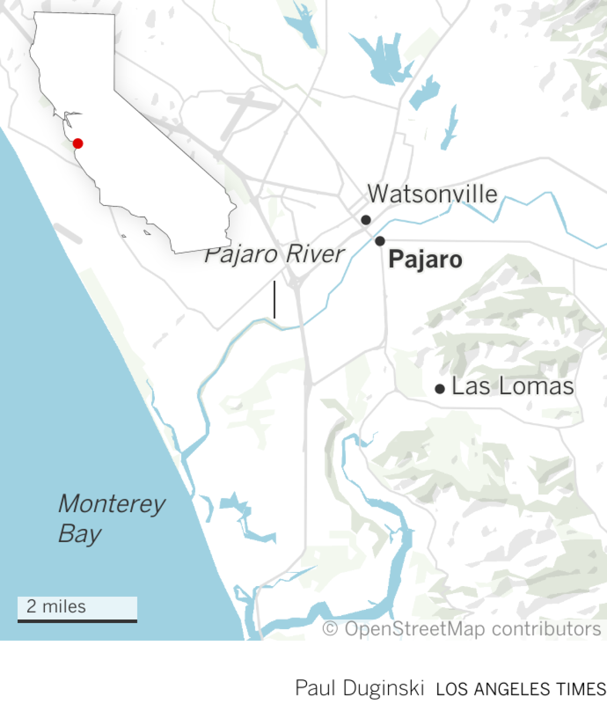 Locator map of Pajaro and neighboring town and the Pajaro River.