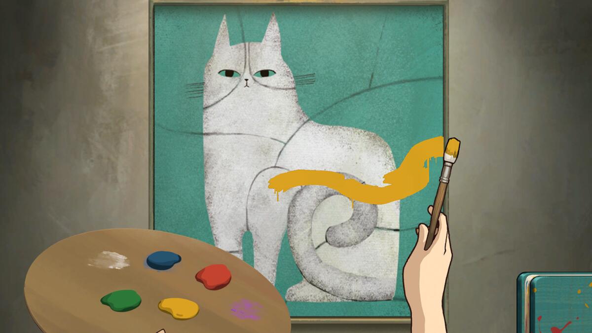 A hand paints onto a puzzle of a cat in "Behind the Frame"