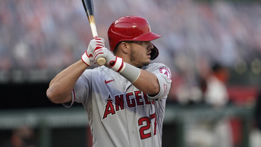 Angels center fielder Mike Trout waits for a pitch against the San Francisco Giants on Aug. 19, 2020.