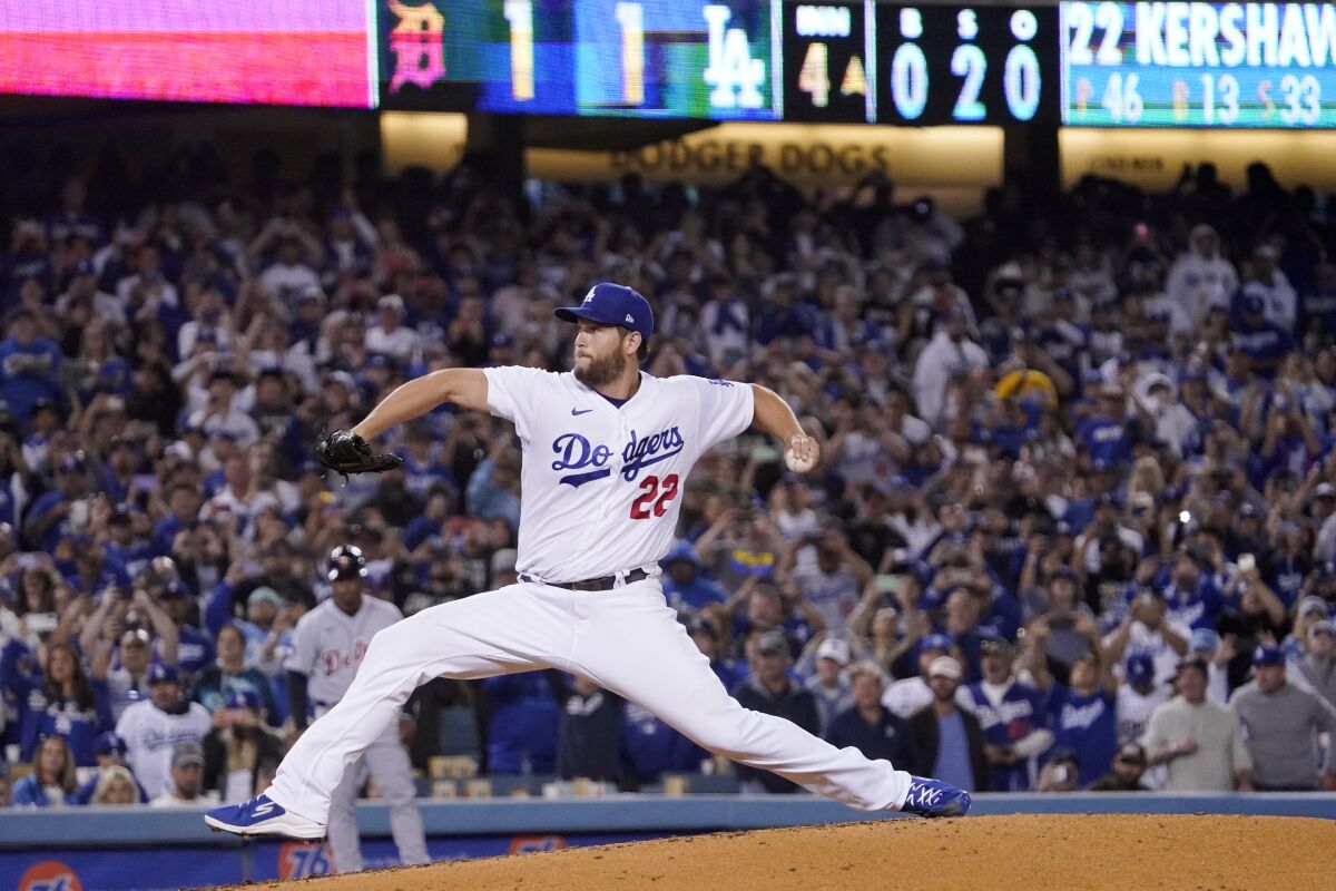 Clayton Kershaw pitches against the Detroit Tigers on April 30.