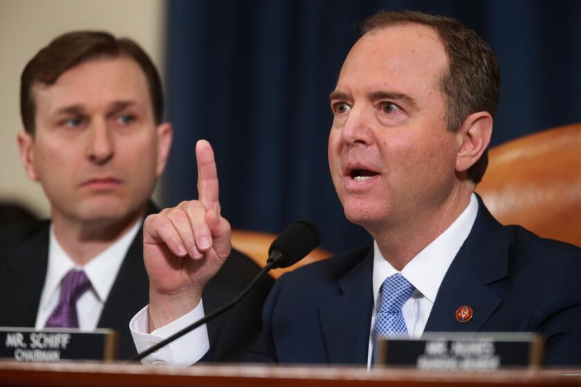 WASHINGTON, DC., NOVEMBER 15, 2019—Chairman of the House Intelligence Committee Adam Schiff, D-Calif., speaks as former U.S. Ambassador to Ukraine Marie Yovanovitch testifies before the House Intelligence Committee on Capitol Hill in Washington, Friday, Nov. 15, 2019, during the second public impeachment hearing of President Donald Trump's efforts to tie U.S. aid for Ukraine to investigations of his political opponents. (Kirk McKoy / Los Angeles Times)