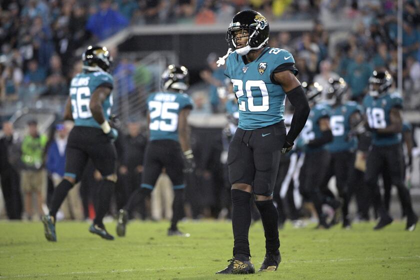 Jalen Ramsey reacts after a play against the Titans on Sept. 19, 2019.