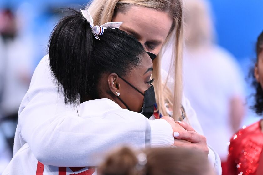 -TOKYO,JAPAN July 26, 2021: USA's Simone Biles is consoled.