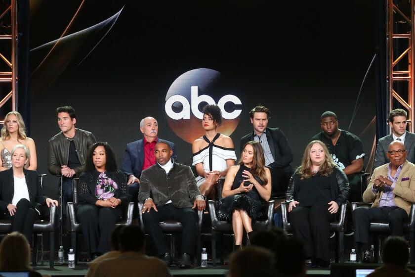 PASADENA, CA - JANUARY 08: (L-R, Back Row) Actors Danielle Savre, Jay Hayden, Miguel Sandoval, Barrett Doss, Grey Damon, Okieriete Onaodowan, Alberto Frezza, (l-r, front row) executive producers Betsy Beers and Shonda Rhimes, actors Jason George and Jaine Lee Ortiz and executive producers Stacy McKee and Paris Barclay speak onstage during the ABC Television/Disney portion of the 2018 Winter Television Critics Association Press Tour at The Langham Huntington, Pasadena on January 8, 2018 in Pasadena, California. (Photo by Frederick M. Brown/Getty Images) ** OUTS - ELSENT, FPG, CM - OUTS * NM, PH, VA if sourced by CT, LA or MoD **