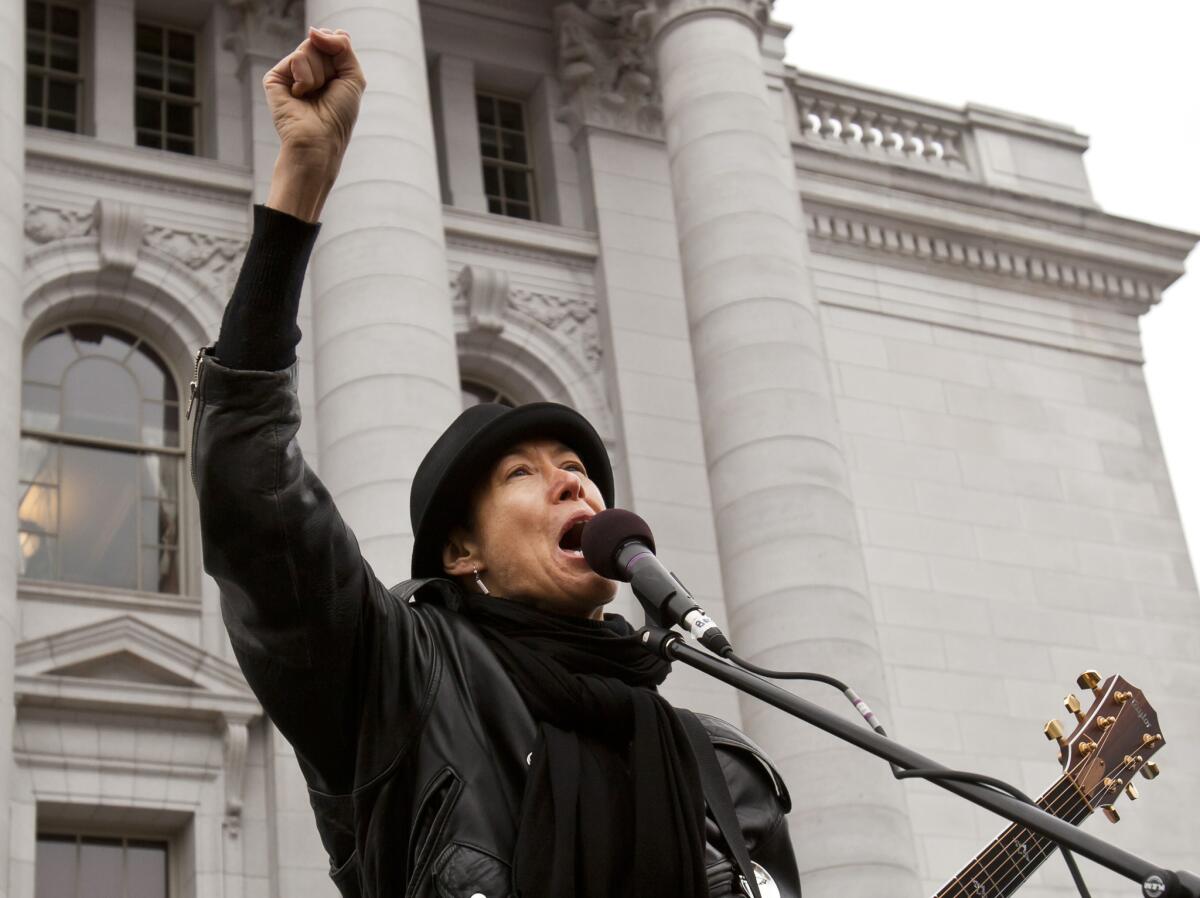 In the wake of controversial comments she made recently in San Francisco, Michelle Shocked, shown at a 2011 performance in Madison, Wisc., has tweeted that she is not against gay marriage.