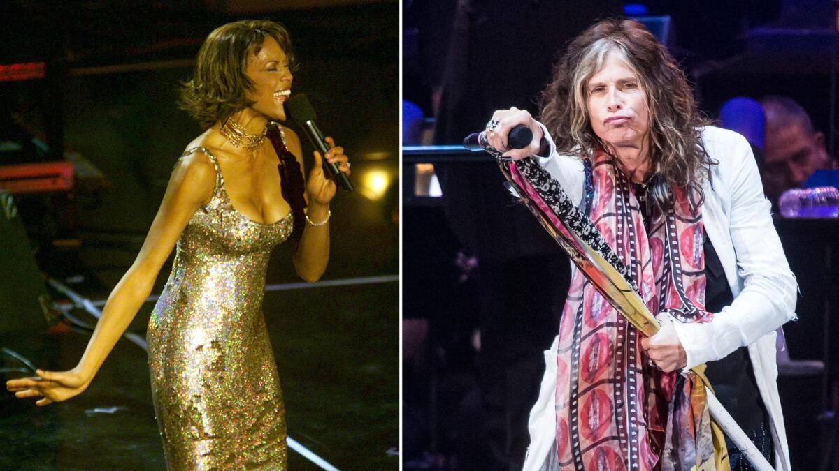 Whitney Houston, left, and Aerosmith's Steven Tyler (Gina Ferazzi / Los Angeles Times; Bret Hartman / For The Times)