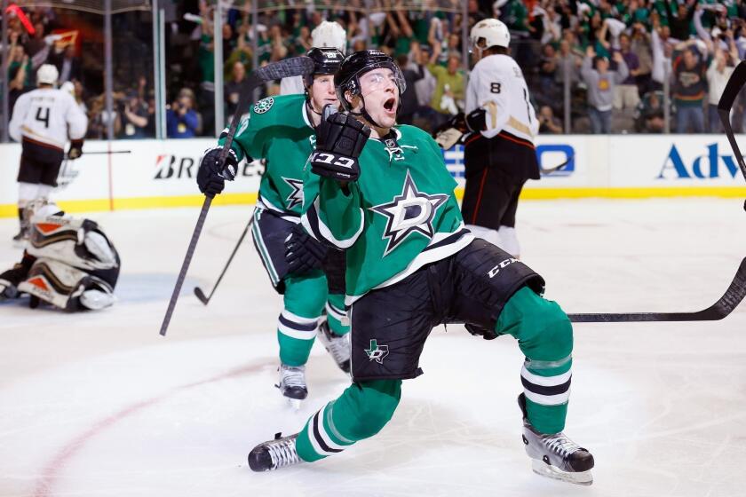 The Dallas Stars' Ryan Garbutt celebrates after scoring a goal against the Ducks on Monday.