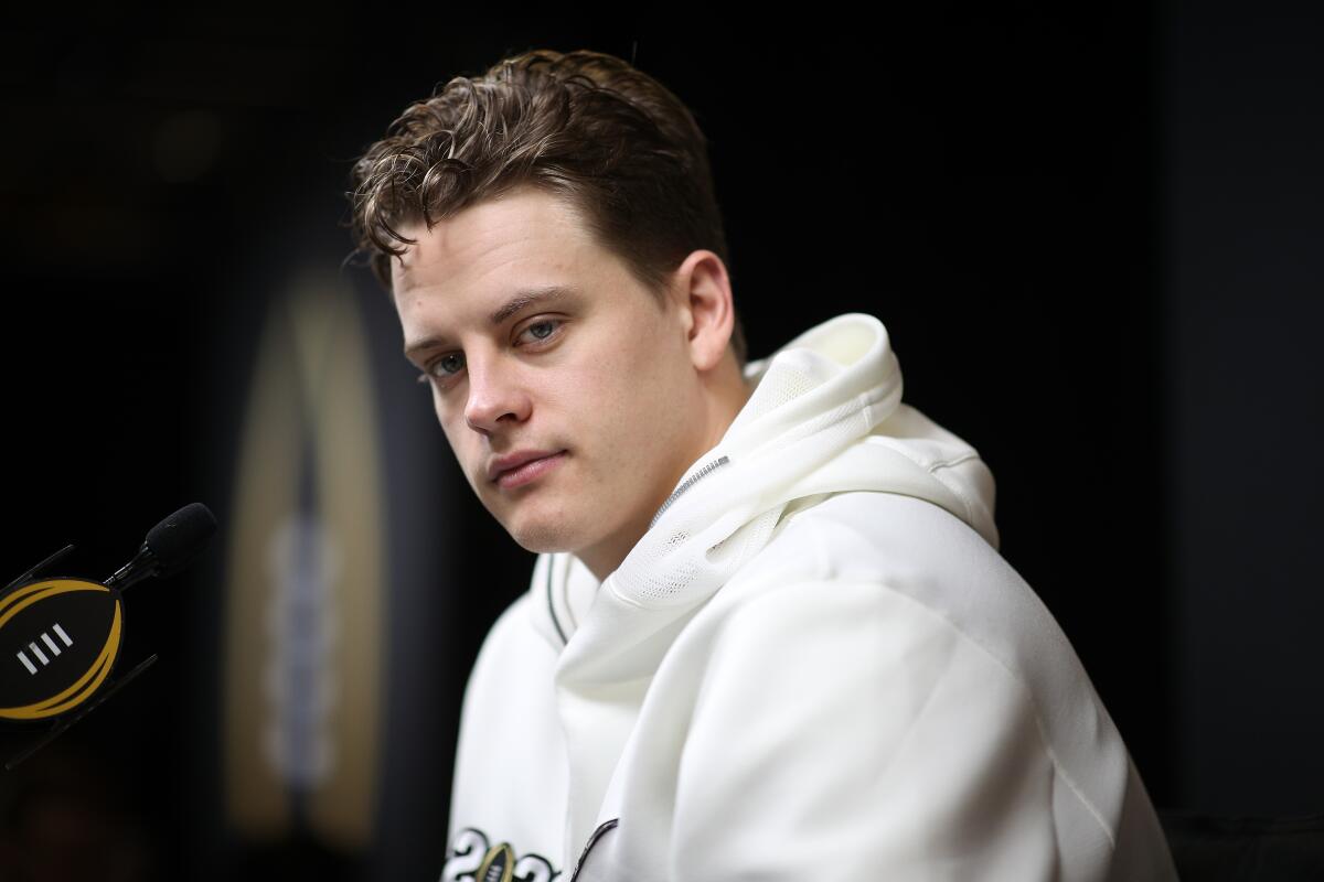 Louisiana State quarterback Joe Burrow attends media day ahead of the College Football Playoff national title game.