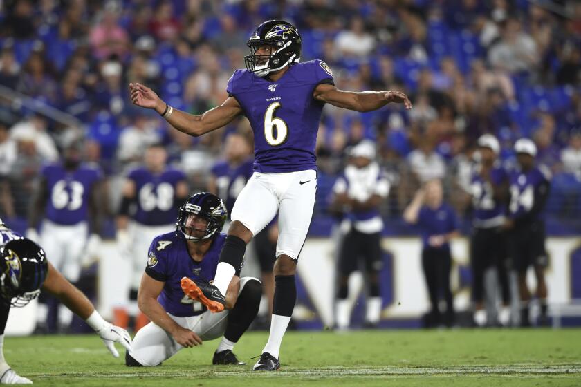 FILE - In this Aug. 8, 2019, file photo, Baltimore Ravens kicker Kaare Vedvik (6) boots a field goal against the Jacksonville Jaguars during the first half of an NFL football preseason game in Baltimore. Looking for solutions for their longtime kicking issues, the Minnesota Vikings traded for Vedvik from the Ravens on Sunday, Aug. 11, 2019. (AP Photo/Gail Burton, File)