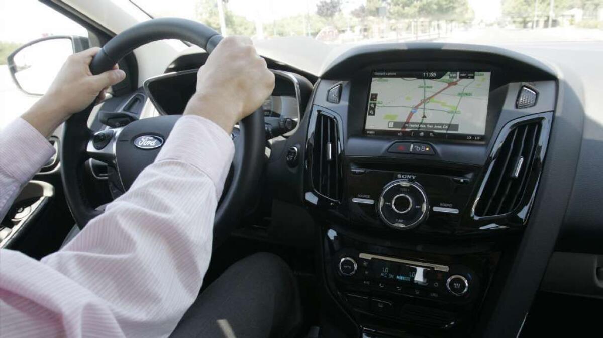 A Ford Focus' large GPS display is seen during a test drive in San Jose in 2012.