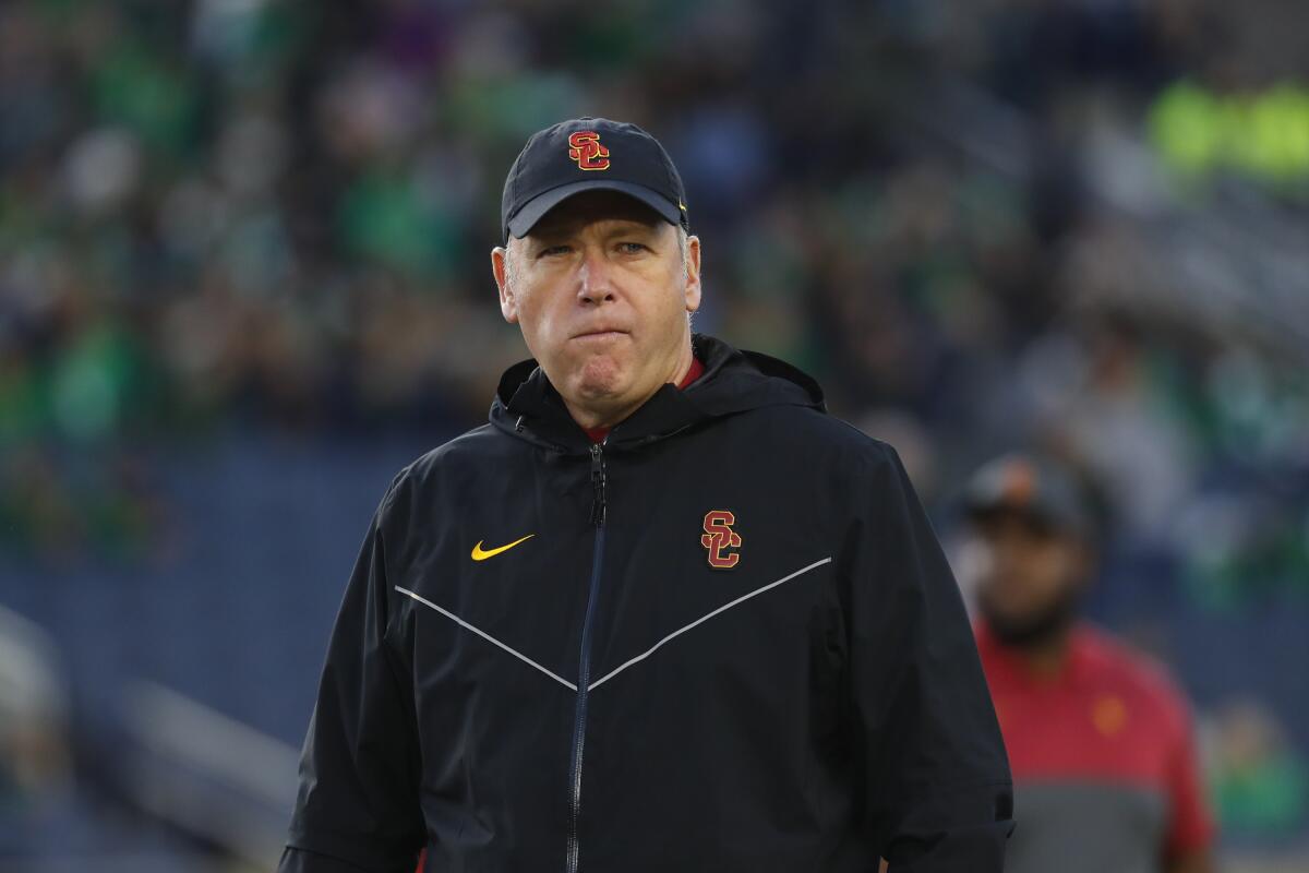 USC defensive coordinator Clancy Pendergast watches before a game against Notre Dame in South Bend, Ind., on Oct. 12.