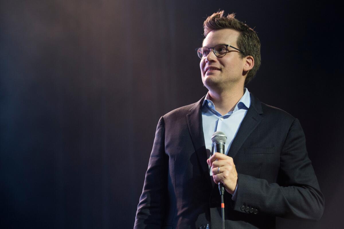 John Green speaks during a question-and-answer session at the Bomb Factory in Dallas on July 16.