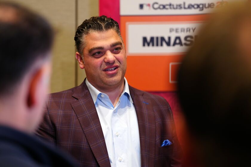 PHOENIX, AZ - FEBRUARY 15: Perry Minasian, General Manager of the Los Angeles Angels, speaks to the media during the Spring Training Cactus League Media Day at Arizona Biltmore on Wednesday, February 15, 2023 in Phoenix, Arizona. (Photo by Daniel Shirey/MLB Photos via Getty Images)