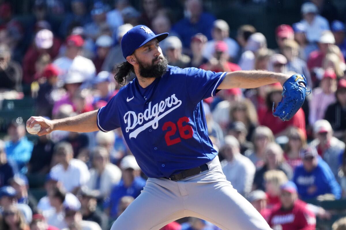 Dodgers starting pitcher Tony Gonsolin delivers against the Angels on March 3.