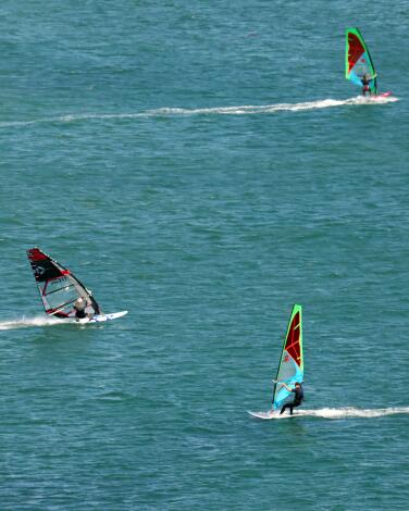 San Pedro, California,-Aug. 13, 2020-Wind surfers sail off of Cabrillo Beach in San Pedro on Aug. 15, 2020. (Carolyn Cole/Los Angeles Times)