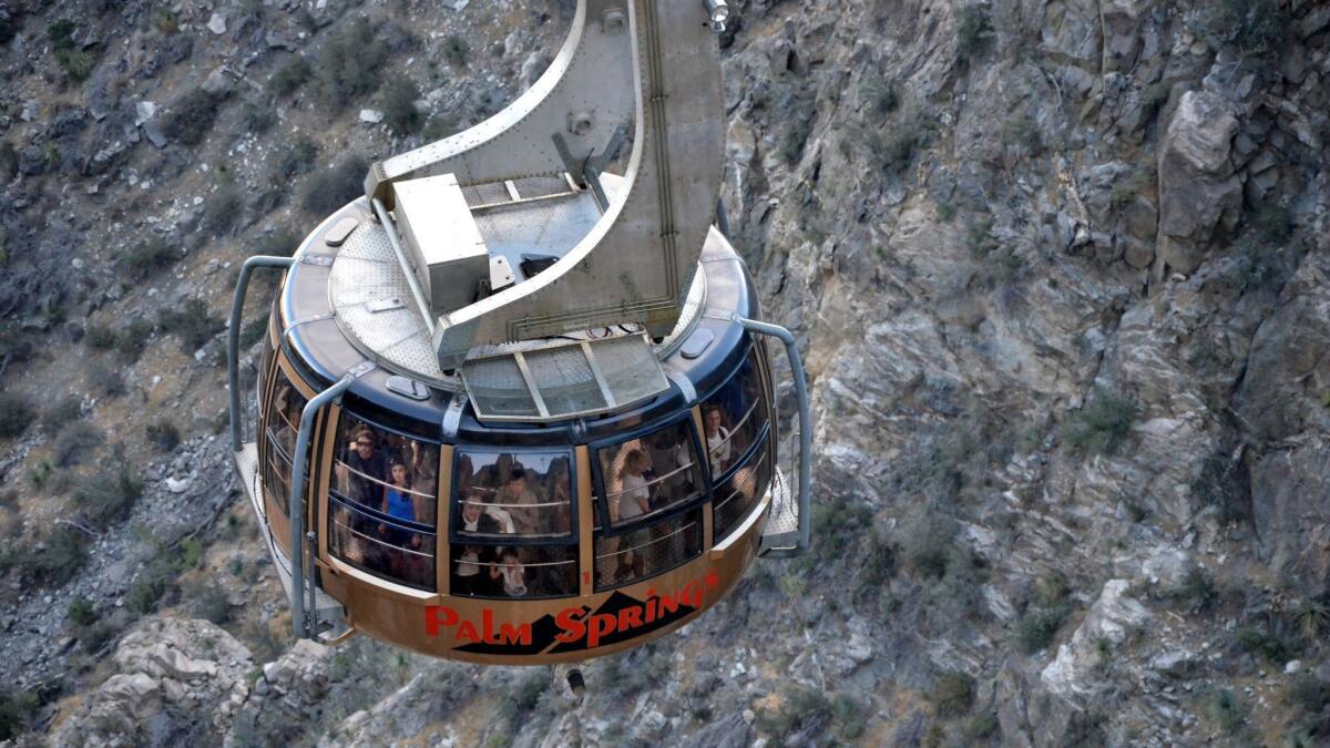 A Palm Springs Aerial Tramway car climbs in 10 minutes to a station about 8,500 feet above the desert floor.