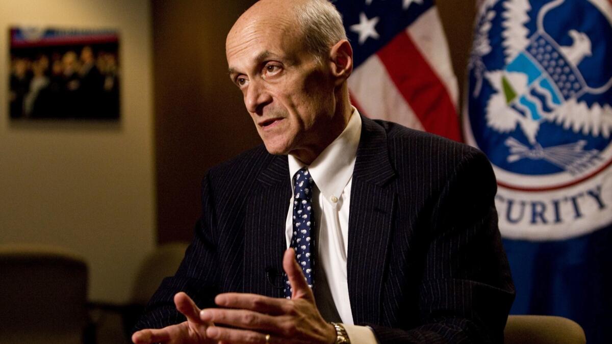 Homeland Security Secretary Michael Chertoff responds to a question while being interviewed by The Associated Press in 2009, in Washington. The World Affairs Council will host him Sept. 13.